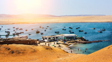 Aerial view of sea bay with fishing boat