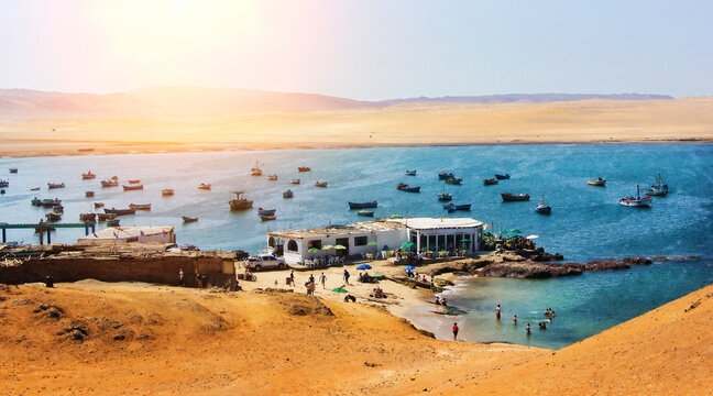 Aerial view of sea bay with fishing boat