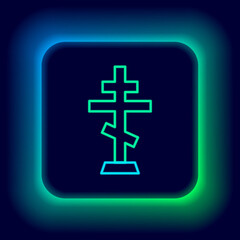 Glowing neon line Christian cross icon isolated on black background. Church cross. Colorful outline concept. Vector.
