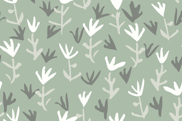 Tiny florals on grassland. Hand-painted simple flower pattern in shades of green and white. Seamless vector pattern.  Great for home décor, fabric, wallpaper, gift-wrap, stationery, and design project