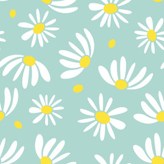 Obraz premium Color seamless pattern with a scattering of white daisies. Printing for textile and wallpaper decoration.
