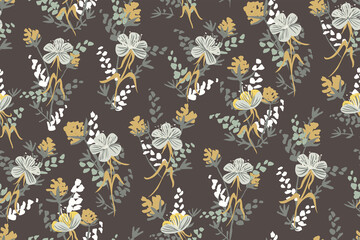 Posy of wildflowers in fading colors. Floral seamless vector pattern mint, ultimate grey, illuminating on brown. Great for home décor, fabric, wallpaper, gift-wrap, stationery, and design projects.