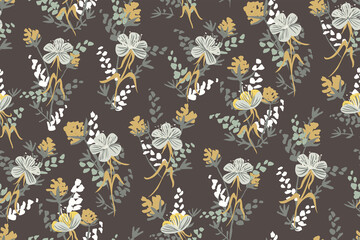 Posy of wildflowers in fading colors. Floral seamless vector pattern mint, ultimate grey, illuminating on brown. Great for home d&eacute;cor, fabric, wallpaper, gift-wrap, stationery, and design projects.