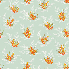 Bunches of hand-painted noddy flowers in orange, white and green on mint background. Floral seamless vector pattern. Great for home décor, fabric, wallpaper, gift-wrap, stationery, and design projects
