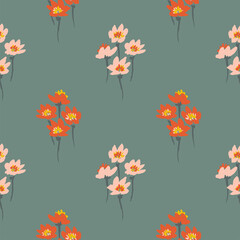 Bunch of tiny flowers forming a diamond shape in pink and orange over teal. Painted floral seamless vector pattern.  Great for home décor, fabric, wallpaper, gift-wrap, stationery, and design projects