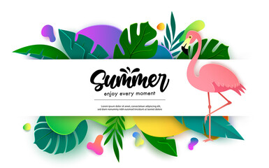 Summer vector banner template design. Summer enjoy every moment text in empty white space with flamingo and nature plant leaves element for tropical season decoration. Vector illustration  © Zeinous