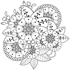 Mehndi flower for henna, mehndi, tattoo, decoration. decorative ornament in ethnic oriental style. doodle ornament. outline hand draw illustration. coloring book page.