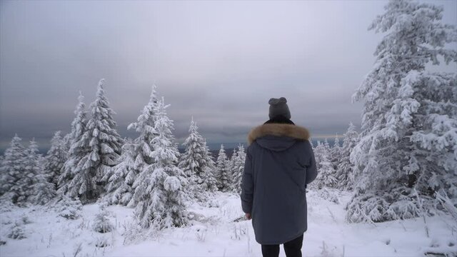 A back view of a female on a snowy day in Brocken Harz Germany