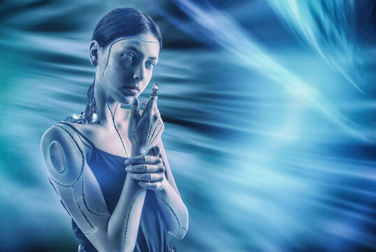 Cyborg girl on an abstract blue background with glowing seams and mechanical parts and optical sensors in the eyes