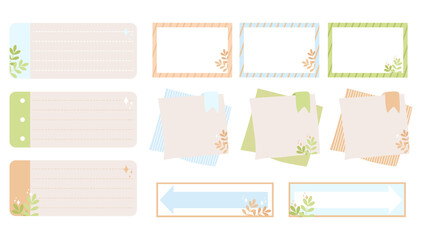 Note sheets, to do list, bookmarks, arrow pointers, spring plant branches, sparkles. Isolate on a white background. Vector, pastel colors, scalable to any size. For stickers, notebooks, albums, paper