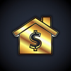 Gold House with dollar symbol icon isolated on black background. Home and money. Real estate concept. Vector.