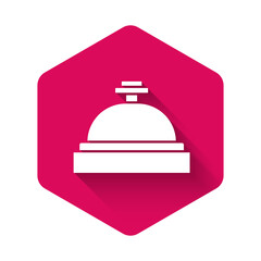 White Hotel service bell icon isolated with long shadow background. Reception bell. Pink hexagon button. Vector.