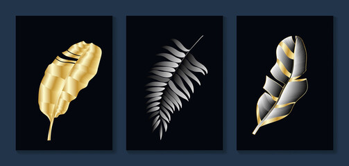 Luxury gold wallpaper.  Black and golden background. Tropical leaves wall art design with dark blue and green color, shiny golden light texture. Modern art mural wallpaper. Vector illustration.