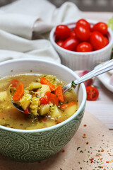 Portion of vegetable soup. Homemade dinner.