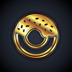 Fototapeta premium Gold Donut with sweet glaze icon isolated on black background. Vector.