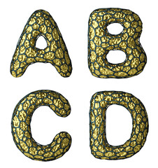 Realistic 3D letter set A, B, C, D made of gold shining metal .