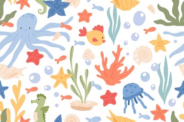 Fototapeta na wymiar Seamless pattern of underwater life with cute jellyfishes, octopuses, starfishes, corals and shells. Endless texture with ocean creatures and plants. Color flat vector illustration on white background