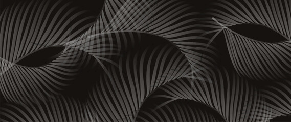 Luxury gold wallpaper.  Black and golden background. Tropical leaves wall art design with dark blue and green color, shiny golden light texture. Modern art mural wallpaper. Vector illustration.