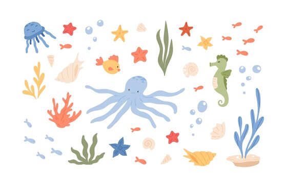 Underwater life with cute animal characters such as octopus, starfish and seahorse. Bundle of funny ocean creatures and plants isolated on white. Colorful vector illustration in flat cartoon style.