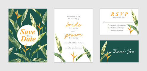 Tropical green leaf and flower background template. Vector set of natural element for wedding invitations, greeting card, envelope, voucher, brochures and banners design.