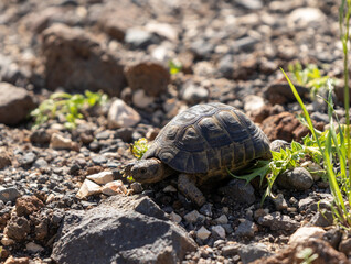 An small  earthen turtle crawls in the early morning on rocky ground in a forest in the Golan Heights, in northern Israel