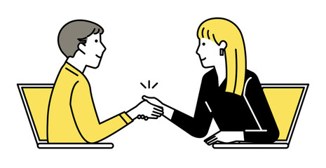 テレワーク　握手をする男女