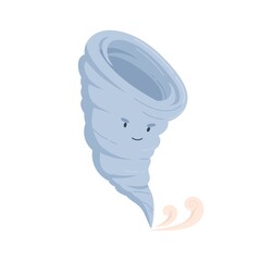 Cute tornado or storm character with frowned and smiling face. Weather icon of evil whirlwind. Funny baby character. Colored childish flat vector illustration isolated on white background