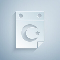 Paper cut Star and crescent - symbol of Islam icon isolated on grey background. Religion symbol. Paper art style. Vector.