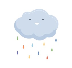 Cute cloud with happy smiling face and falling colorful rain drops. Rainy weather icon with raindrops. Funny baby character. Childish flat colored vector illustration isolated on white background