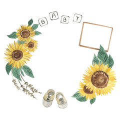 sunflower wreath with photo frame, baby lettering, pregnancy announcement