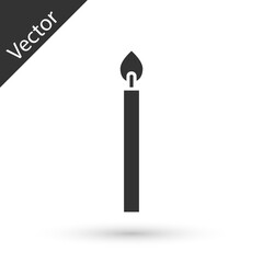 Grey Burning candle icon isolated on white background. Cylindrical candle stick with burning flame. Vector.