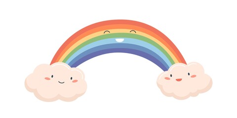 Colorful cute rainbow between two smiling clouds after rain. Funny kids characters with happy faces isolated on white background. Colored vector illustration in flat cartoon style