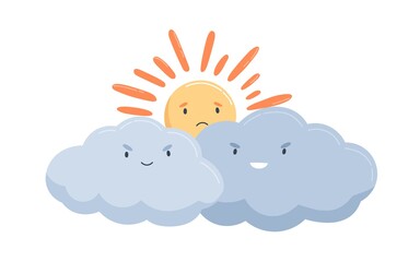 Sad sun hiding behind clouds with evil smiles. Cloudy weather forecast. Cute baby characters isolated on white background. Childish colored vector illustration in flat cartoon style