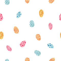 Watercolor seamless pattern. Colorful Easter eggs decorated with patterns. Great for fabrics, wrapping papers, covers.  White background.