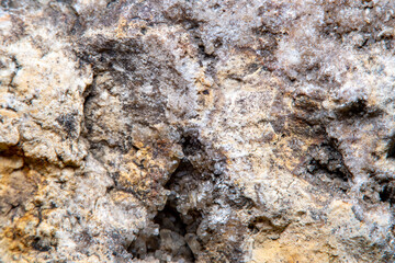 Stone surface texture at high magnification with numerous microscopic formations of natural quartz crystals in cracks