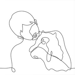 dog owner holds his pet in his arms and pulls his lips towards him - one line drawing. dog lover squeezes cute little fluffy dog.