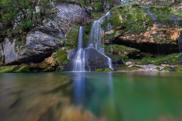 Fototapeta na wymiar Waterfall Kozjak and Virje, Kobarid, Bovec, Slovenia, Soča Valley, Long exposure