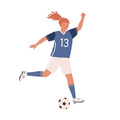 Young female soccer player running up and kicking ball forward. Woman playing football in blue sports uniform, boots and stockings. Colorful flat vector illustration isolated on white background