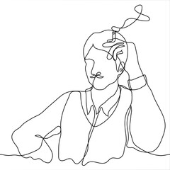 man with a mustache in vintage clothing (shirt, vest) smokes a cigarette - one line drawing. man sits holding a smoking cigarette, he is wearing vintage style clothes and a mustache in handlebar style