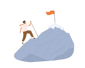 Fototapeta Concept of achieving goals, challenges, opportunities and personal growth. Man climbing mountain with flag on top on his way to success. Colored flat vector illustration isolated on white background obraz