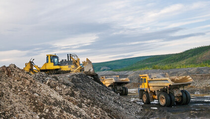 Mining dump trucks, WHEEL LOADERS AND Bulldozer in operation in an industrial mining area