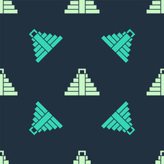 Green and beige Chichen Itza in Mayan icon isolated seamless pattern on blue background. Ancient Mayan pyramid. Famous monument of Mexico. Vector.