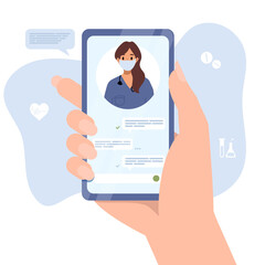 Smartphone screen with female therapist. Chat in messenger and online consultation. Vector flat banner template. Ask doctor. Online medical advise or consultation service, telemedicine, cardiology