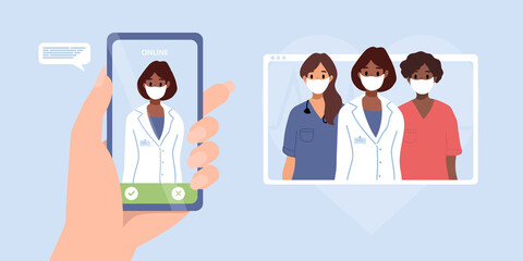 Smartphone screen with female therapist. Video call in messenger, browser window, online consultation. Vector banner template. Ask doctor. Online medical advise, chat service, telemedicine, cardiology