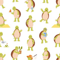 Seamless pattern with cute and funny green turtles. Happy smiling tortoise characters standing on back paws on white background. Kids endless backdrop. Childish colored flat vector illustration