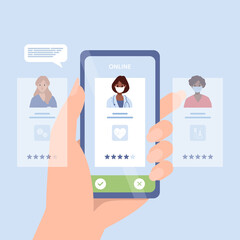 Patient chooses family doctor, doctors team medical staff portraits. Online searching therapist via smartphone. Mobile app to find a specialist, medical insurance, telemedicine. For banner, flyer