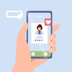 Patient chooses family doctor, doctors team medical staff portraits. Online searching therapist via smartphone. Mobile app to find a specialist, medical insurance, telemedicine. For banner, flyer