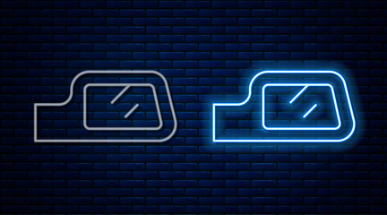 Glowing neon line Car mirror icon isolated on brick wall background. Vector.