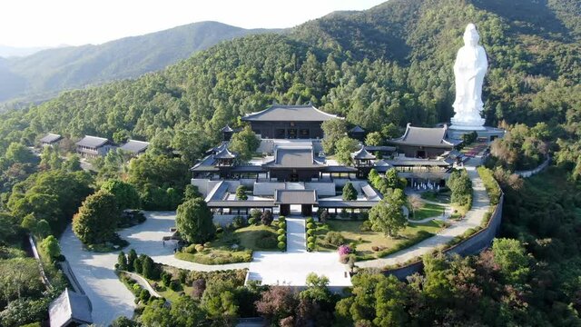 Aerial view of Hong Kong Tsz Shan monastery area and the famous Avalokitesvara Guan Yin Statue, Goddess of mercy.