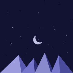 Obraz na płótnie Canvas Square Vector Landscape Illustration of Mountain below the Night Sky, Moon, and Stars. Suitable for Minimalist Illustration, Typography Background, and Content Thumbnail Background.